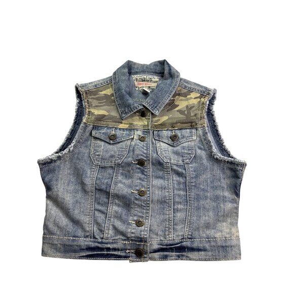 Hot Kiss Juniors Camouflage Denim Vest M Vtg Y2K Button Front Camouflage Camo - Picture 1 of 6